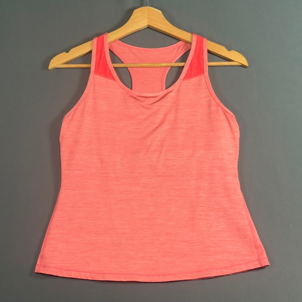 Lululemon Heathered Coral Pink Racerback Tank Top with Built In Bra Mesh Trim